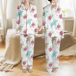 Women's Whimsical Aqua Sea Turtle Pink Hibiscus Green Leaf Tropical Pattern Satin Pajamas Set