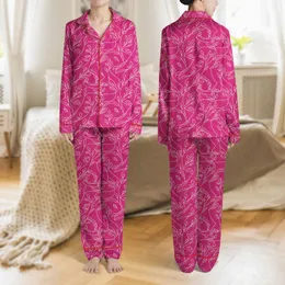 Women's Vibrant Fuchsia Off-White Abstract Minimalist Fluid Botanical Line Art Satin Pajamas Set
