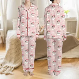 Women's Cheerful Hand-Drawn Pink Santa Head Holly Berry Snowflakes All-Over Pattern Satin Pajamas Set