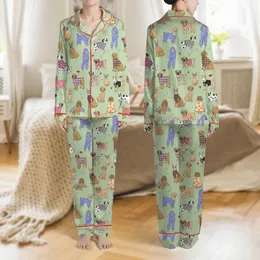 Women's Whimsical Pastel Green Stylish Dog Breeds Vibrant Floral Stripe Polka Dot Heart Star Pattern Satin Pajamas Set