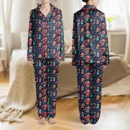 Women's Playful Dark Navy Gingerbread, Red Candy Cane, Teal Star & Green Tree Festive Pattern Satin Pajamas Set