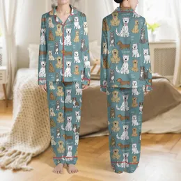 Women's Desaturated Teal Multi-Color Cartoon Dog Breed Pattern with 'Oh Happy Day!' & 'Life's Best Friend' Text Satin Pajamas Set
