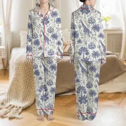 Women's Ecru Indigo Blue Toile Hand-Drawn Safari Jungle Giraffe Leopard Pattern Satin Pajamas Set