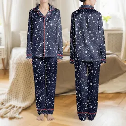 Women's Whimsical Hand-Drawn White Stars Moons Abstract Constellations Deep Navy Cosmic Pattern Satin Pajamas Set