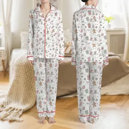 Women's Whimsical Christmas Gingerbread Candy Cane Gift Box Sage Green Dusty Rose Snowmen Pattern Satin Pajamas Set