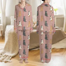 Cat Lovers' Whimsical Dusty Rose Pink Hand-Drawn Rear View Cat Pattern with Ginger, Calico & Tabby Fur Satin Pajamas Set