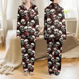 Alternative Style Apparel Dark Graphic Black Red White Stylized Skulls & Vines Grunge Pattern Satin Pajamas Set