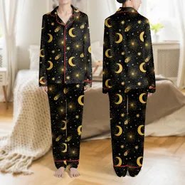 Women's Whimsical Golden Yellow Crescent Moons & Starbursts on Deep Black Graphic Satin Pajamas Set