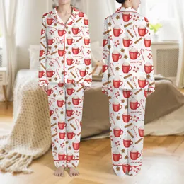 Women's Whimsical Watercolor Red White Candy Cane Hot Cocoa & Winter Spice Pattern Satin Pajamas Set