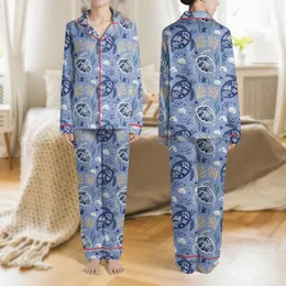 Women's Muted Periwinkle Blue Hand-Drawn Sea Turtle Coral Seashell Ocean Motif Pattern Satin Pajamas Set