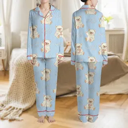 Women's Sweet Bear Fluffy Teddy Pastel Baby Blue Creamy Off-White Cable Knit Pattern Satin Pajamas Set