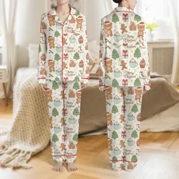 Women's Whimsical Christmas Bear Gingerbread House Hot Cocoa Seamless Pattern Red Green White Satin Pajamas Set