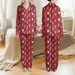 Women's Festive Deep Red Cartoon Reindeer Santa Hat Penguin Beanie Snowflake Heart Design Satin Pajamas Set