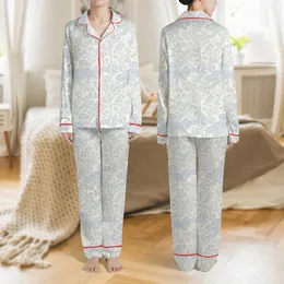 Women's Cream Muted Pastel Blue Toile de Jouy Engraved Forest Botanical Scenic Deer & Peacock Satin Pajamas Set