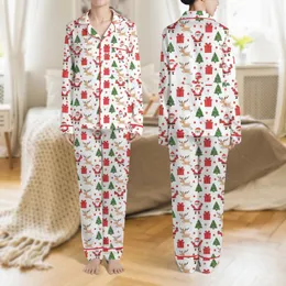Women's Whimsical Pinkish-Red Santa, Prancing Reindeer, Forest Green Tree & Red Gift Box Festive Pattern Satin Pajamas Set