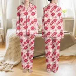 Women's Seamless Botanical Rose Crimson Dusty Rose White Silver Filigree Pattern Satin Pajamas Set