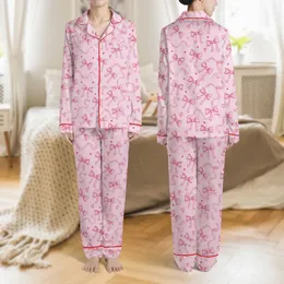 Women's Whimsical Hand-Drawn Fuchsia Magenta Bow & Heart Pastel Pink Pattern Satin Pajamas Set