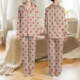 Women's Cozy Muted Beige Hand-Drawn Red Heart Scattered Pattern Taupe Vertical Stripes Off-White Scalloped Lace Satin Pajamas Set