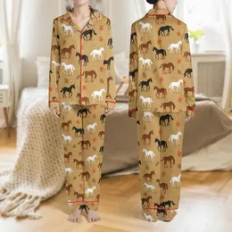 Horse Lovers' Rustic Autumn Pasture Horse Maple Oak Leaf Golden-Tan Pattern Satin Pajamas Set