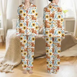 Women's Whimsical Watercolor Highland Cow, Golden Sunflower & Teal Wildflower Botanical Satin Pajamas Set