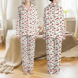 Women's Creamy Off-White Scattered Dark Red Cherry Teal Green Leaf Minimalist Floral Pattern Satin Pajamas Set