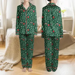 Women's Deep Forest Green Festive Snowflake Candy Cane Holly Ornament Pattern Satin Pajamas Set