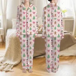 Women's Whimsical Blush Pink Nutcracker Gingerbread Christmas Tree Gift Box Bow Holly Candy Cane Pattern Satin Pajamas Set