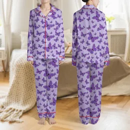 Women's Soft Lavender Purple Amethyst Violet Butterfly All-Over Repeat Satin Pajamas Set