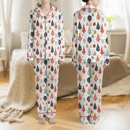 Women's Whimsical Hand-Drawn Christmas Trees Ornaments Gifts Pattern Festive Red Blue Yellow Palette Satin Pajamas Set