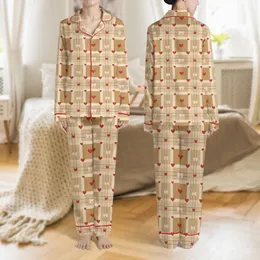 Women's Warm Beige Brown Tartan Plaid Adorned with Red Hearts & Soft Pink Bows Satin Pajamas Set