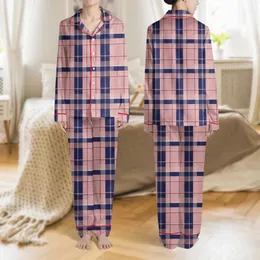 Women's Classic Navy Blue Blush Pink Burgundy White Intersecting Plaid Pattern Satin Pajamas Set