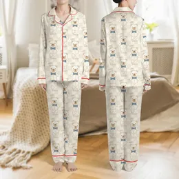 Women's Illustrative Tan Teddy Bear Seamless Pattern, Muted Blue-Grey Plaid Bows, Cream Checkerboard Grid Satin Pajamas Set