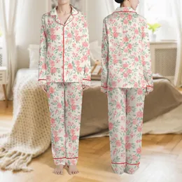 Women's Soft Pink Peach Watercolor Rose Floral Sage Green Stripe Pattern Satin Pajamas Set