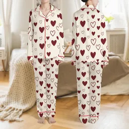 Women's Cozy Hand-Drawn Fuzzy Maroon Heart Pattern on Soft Off-White Background Satin Pajamas Set