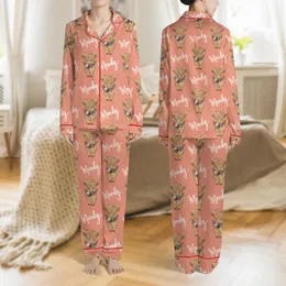 Women's Whimsical Highland Cow, Dusty Rose Floral, & 'Moody' Script on Soft Coral Satin Pajamas Set