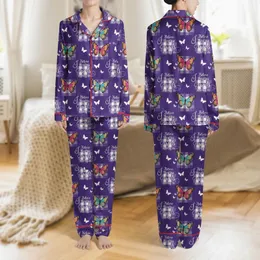 Women's Deep Plum Royal Purple Whimsical Butterfly Buffalo Check Angelic Script Satin Pajamas Set