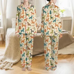 Women's Whimsical Golden Retriever Dachshund Poodle Floral Repeating Pattern Cream Teal Orange Satin Pajamas Set