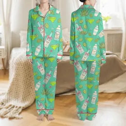 Women's Whimsical Tequila Fiesta Design: Lime Green Margarita, Pink Ribbons & Agave on Teal Satin Pajamas Set