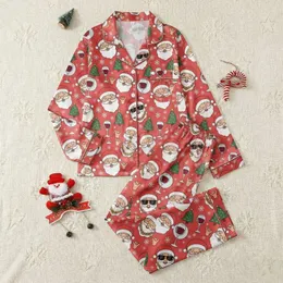 Women's Playful Cartoon Cool Santa Shades Gold Chain Tree Wine White Red Pattern Satin Pajamas Set