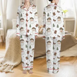 Women's Whimsical Leopard Print Santa, Holly, Trees & Stars Festive Christmas Pattern Satin Pajamas Set