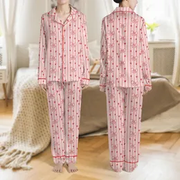 Women's Light Pastel Pink Ruby Red Hand-Drawn Vertical Stripe Bow Heart Design Satin Pajamas Set