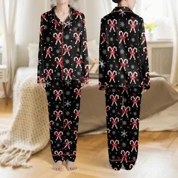 Women's Playful Black Red White Striped Candy Cane Bow Snowflake Polka Dot Design Satin Pajamas Set