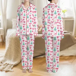 Holiday Enthusiasts' Cute Cartoon Hot Pink Santa Teal Aqua Tree Reindeer Gift Box Festive Holiday Pattern Satin Pajamas Set