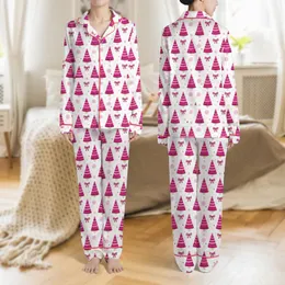 Women's Cute Illustrative Fuchsia Pink Christmas Tree, Checkered Bow Pattern Satin Pajamas Set