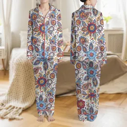 Women's Intricate Vintage Floral Paisley Periwinkle Vermilion Golden Yellow Deep Purple Pattern Satin Pajamas Set