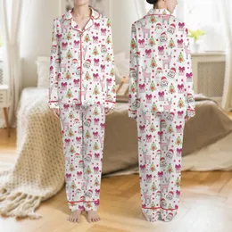 Women's White Holiday Cartoon Santa Deer Gift Box Fuchsia Pink Red Christmas Tree Stars Pattern Satin Pajamas Set