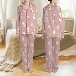 Women's Kawaii White Bunnies Holding Orange Carrots Repeating Pattern on Soft Rosy Pink Satin Pajamas Set