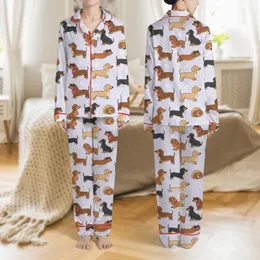 Dachshund Lovers' Cheerful Cartoon Dachshund Dog Seamless Pattern, Pastel Lavender, Multi-Color Poses, Sunglasses & Hearts Satin Pajamas Set