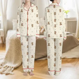 Women's Cute Minimalist Medium Brown Teddy Bear Pattern with Black Hearts & Brown Stars on Cream Satin Pajamas Set