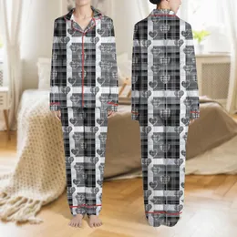 Women's Intricate Black White Grey Plaid with Seamless Multi-Style Heart Motifs & Subtle Blue Accents Satin Pajamas Set